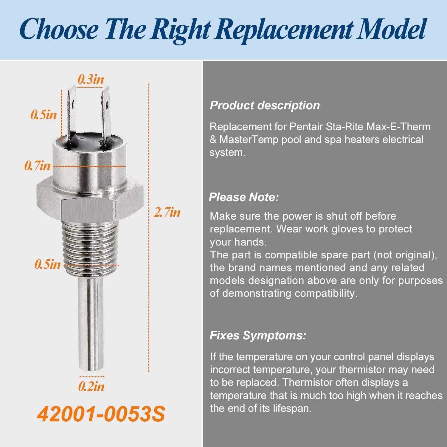 Funmit 42001-0053S Heater Thermistor Stainless Steel Replacement Part for Pentair Sta-Rite MasterTemp Max-E-Therm Pool and Spa Heater Elecrical - Image 4