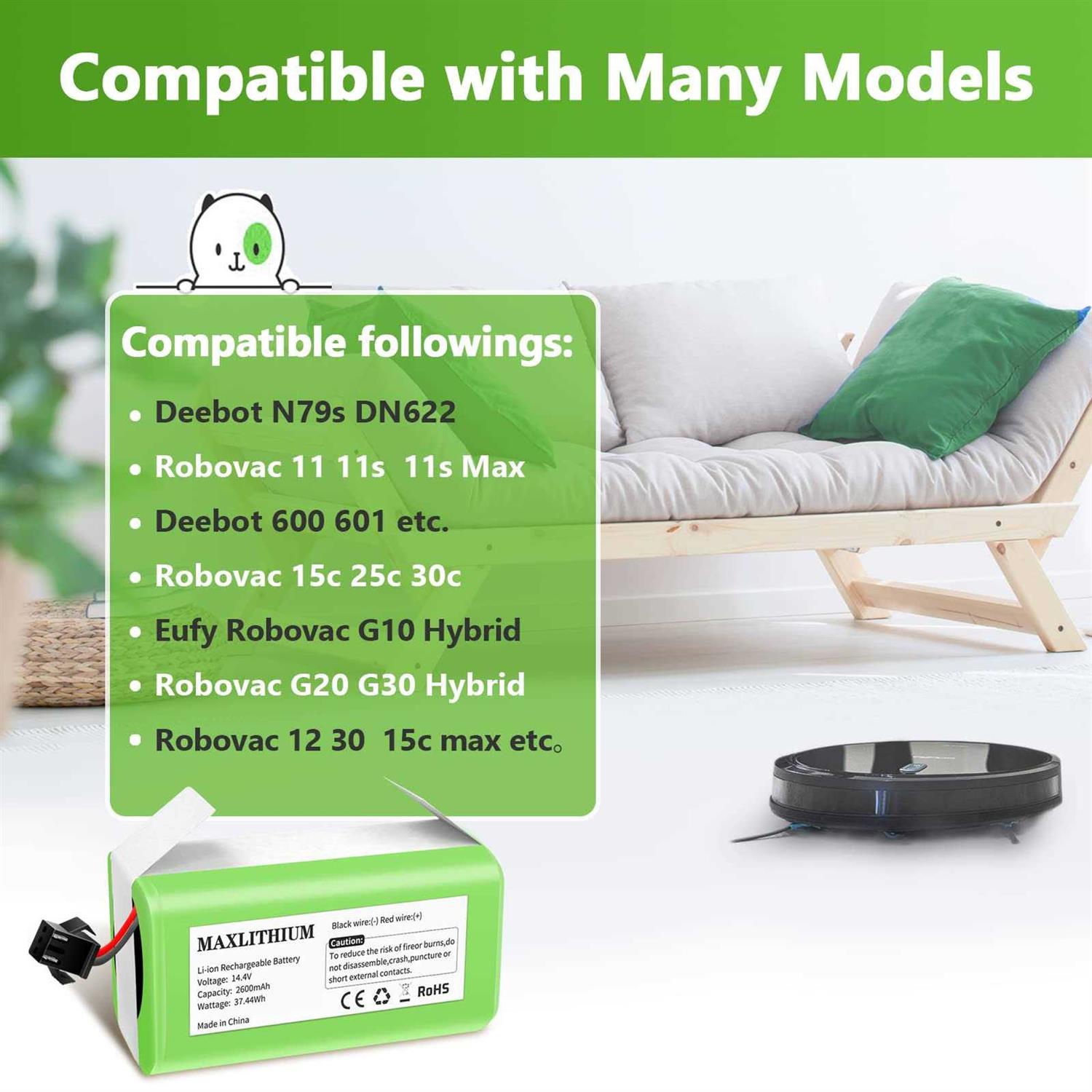 maxlithium 14.4v 2600mAh Replacement Battery Compatible with Ecovacs Deebot N79s Dn622 Eufy - Image 2
