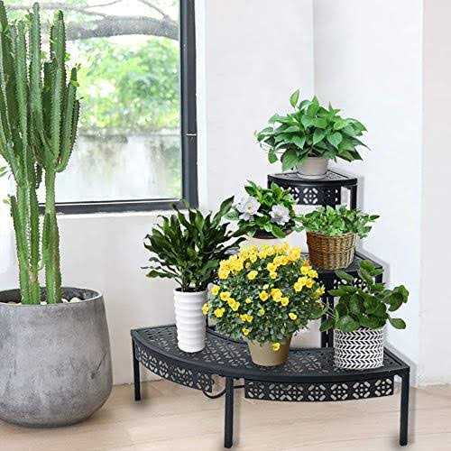aboxoo 3 Tier Plant Stand Flower Pot Rack Metal Stair-step Style Corner Shelf Planters - Image 4