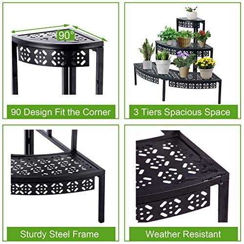 aboxoo 3 Tier Plant Stand Flower Pot Rack Metal Stair-step Style Corner Shelf Planters - Image 5